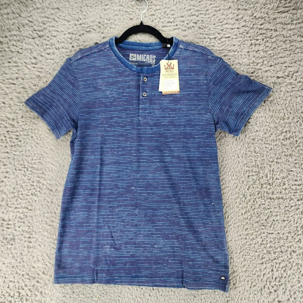 Micros Shirt Mens Small Blue Striped Short Sleeve Jersey Henley Tee *NWT*